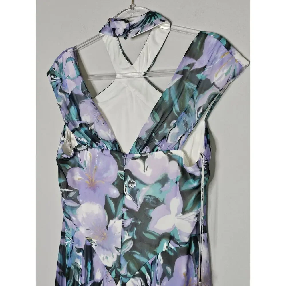 NWT Tadashi Shoji ARLENE CUTOUT HALTER FLORAL MIDI DRESS BUI22121MD Iris Size 12 - Picture 11 of 16